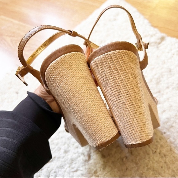 Kate Spade Tan Metallic Gold Straw Block Platform Wedge Sandals Size 7.5 - Picture 7 of 11